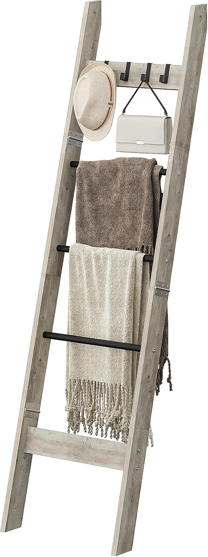 Hzuaneri Blanket Ladder Decorative Quilt Rack with 4 Removable Hooks | 5-Tier Farmhouse Ladder Holder Shelf Organizer for Living Room Bedroom Greige and Black BR02105B