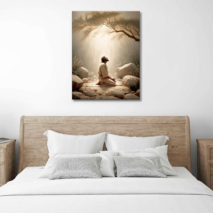 Framed Jesus wall decor for prayer room Christian wall art Jesus prayer canvas wall prints jesus praying in the Garden of Gethsemane Picture home decor Baptism gifts for boys-girl serenity prayer wall art 16X24inch