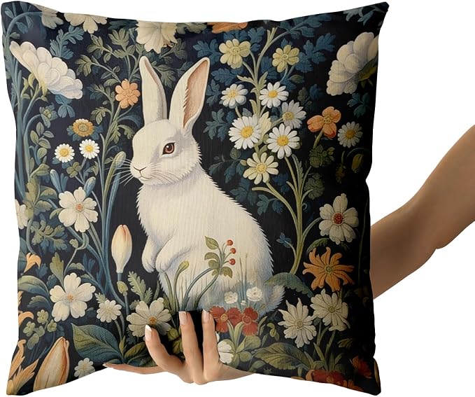 Giwawa 2PCs Easter Bunny Pillow Covers 16"x16" Cute Rabbit Boho Flowers Square Pillowcases Black Spring Floral Wildflower Cotton Throw Cushion Covers for Sofa Couch Patio Indoor Outdoor Decor