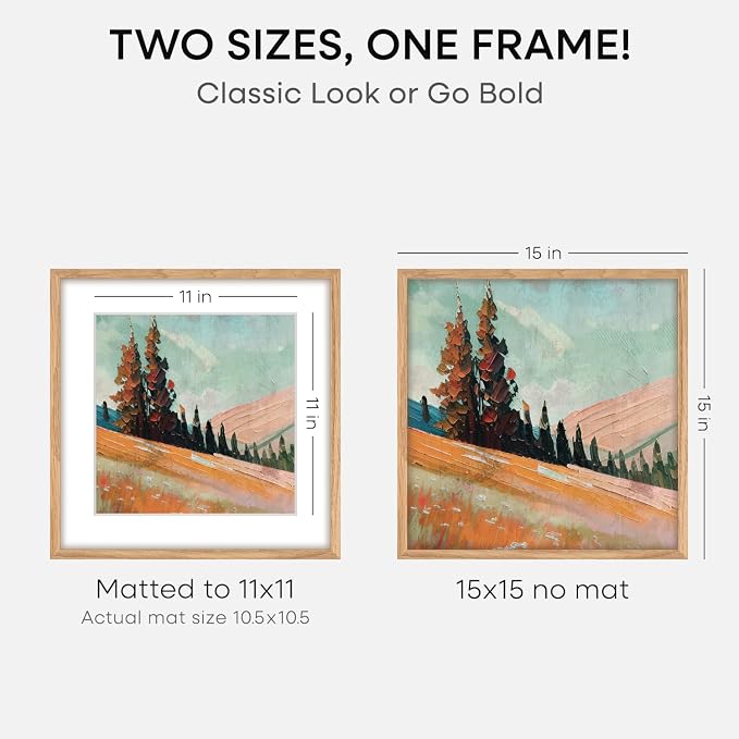 Homeforia 15x15 Natural Oak Picture Frame, High-End Wood, 11x11 Mat, Glass