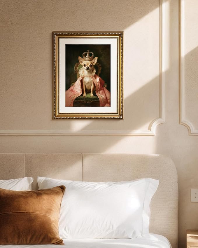 WHASAYART Vintage Gold Framed Royal Dog Portrait Canvas Wall Art | Victorian Style Chihuahua Wall Decor, Classic Pet Living Room Bedroom Home Office Decor, 13x16" Waterproof Canvas Painting
