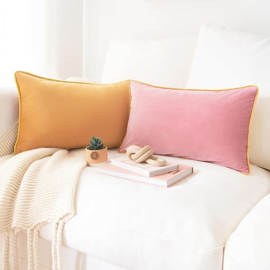 MONDAY MOOSE Decorative Throw Pillow Covers Cushion Cases, Set of 2 Soft Velvet Modern Double-Sided Designs, Mix and Match for Home Decor, Pillow Inserts Not Included (12x20 inch, Yellow/Pink)