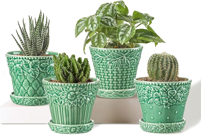 Metahom 3.8 Inch Succulent Pots, Green Ceramic Pots for Plants Set of 4