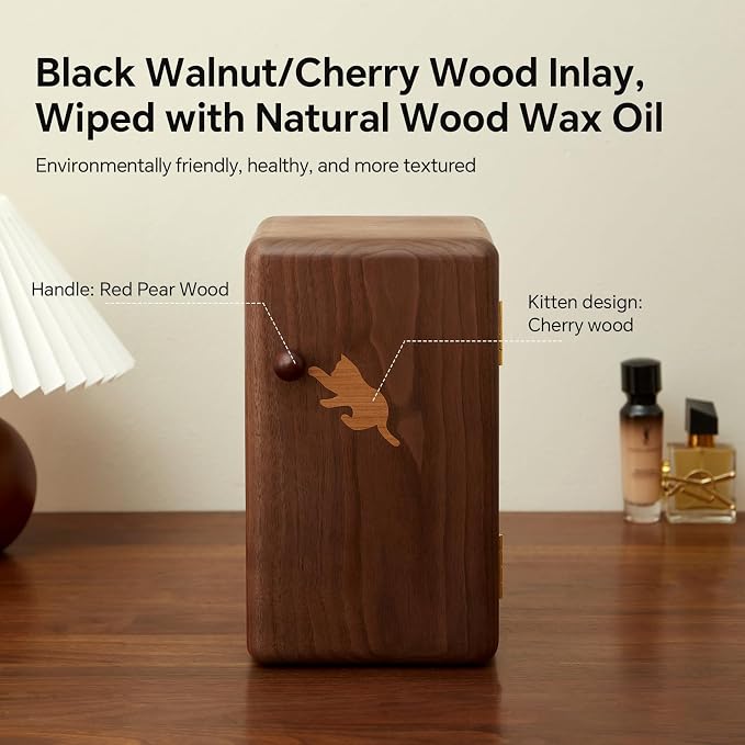 Black Walnut Solid Wood Cabinet Jewelry Box, Large | Women, Velvet Lined Organizer, 6 Drawers, Cherry Wood Cat Inlays, Rosewood Handles