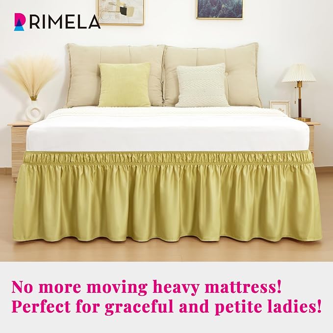 Gold Green Bed Skirt Queen Size 15" Drop, Elastic Wrap Around Bedskirt | Solid Ruffled, Easy to Use, No Mattress Lifting, Wrinkle & Fade Resistant, with Adhesive Strips, Machine Wash/Dry/Iron