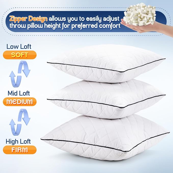 1 MIDDLE ONE Throw Pillows (Pack of 2, White), 18 x 18 Inches Decorative Pillow Insert for Couch, Sofa and Bed, Memory Foam Indoor Square Pillow Forms Stuffer