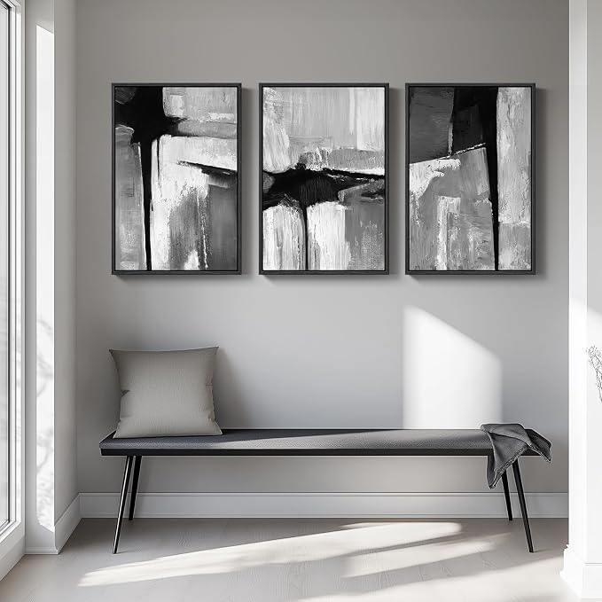 Large Framed Black and White Gray Abstract Wall Art Set, 3 Piece 24x36 Inch | Modern Minimalist Artwork, Gray Abstract Paintings, Neutral Pictures, Canvas Prints, Living Room Bedroom Office Wall Decor