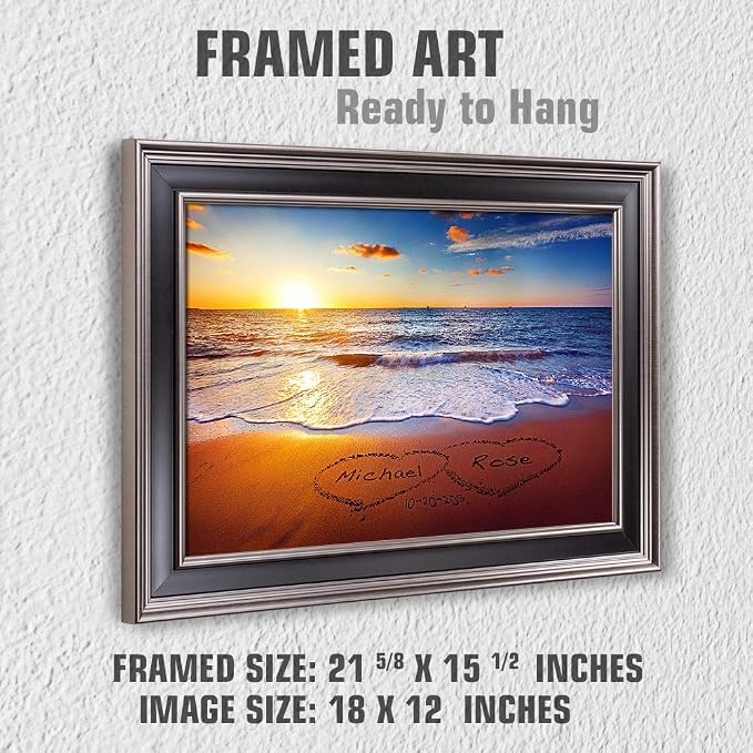 Love on Beach Heart in Heart Personalized Framed Arts with Couple's Names and Date on,Perfect Love Gift for Anniversary and Wedding.With Different Frame Styles Framed Size:21 5/8x15 1/2 inches