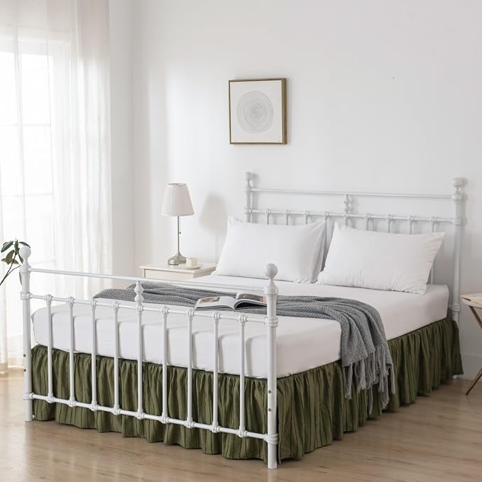 Bed Skirt Queen Size - Ruffled Bed Skirt - with Split Corners - Green | Striped Boho Tufted -14 Inch Drop Bedskirt with Platform-Soft Premium Hotel Quality - Easy Fit