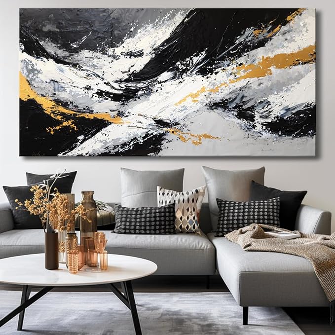 Large Abstract Black and Gold Ink Splatter Wall Art Stylish Framed Canvas Print for Living Room, Bedroom, Dining Room, and Home Office Modern Ready to Hang Home Decor - 20"x40"