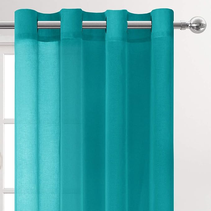 DWCN Turquoise Faux Linen Sheer Curtains - Grommet Voile Window Curtain Drapes for Bedroom Living Room 52 x 54 inch Length, Set of 2