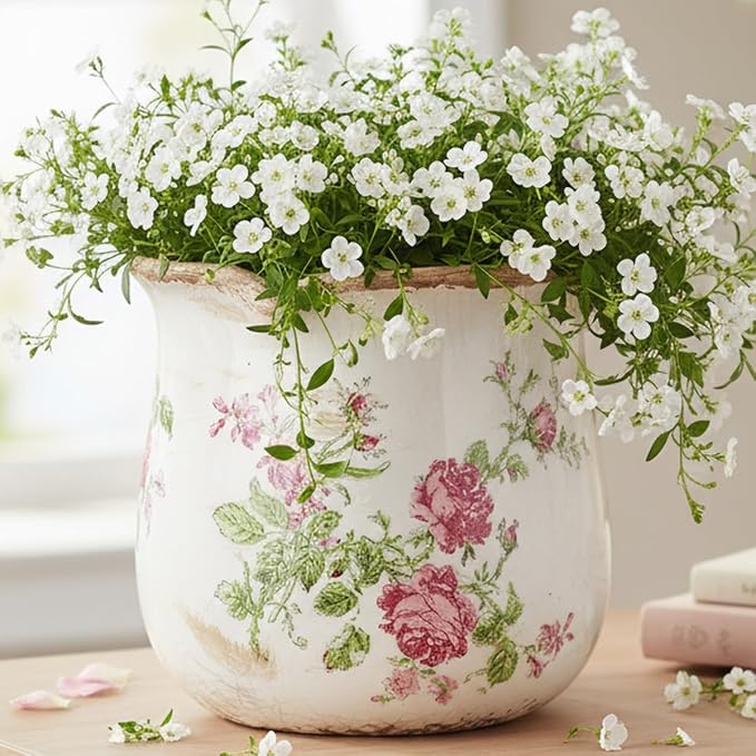 Xiaan Jiaju Shabby Chic Flower Pot, 6.11 Inch Ceramic Planter with Drainage for Indoor Plants, Vintage Ceramic Vase, Country Chic Spring Garden Home Decor, Pink Rose Floral