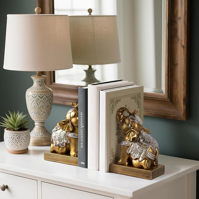 Elephant Book Ends for Shelves, Vintage Decorative Bookends, Book Holders with Anti-Slip Pad for Book Lovers Heavy Book Stopper for Home Office Decor (Gold)