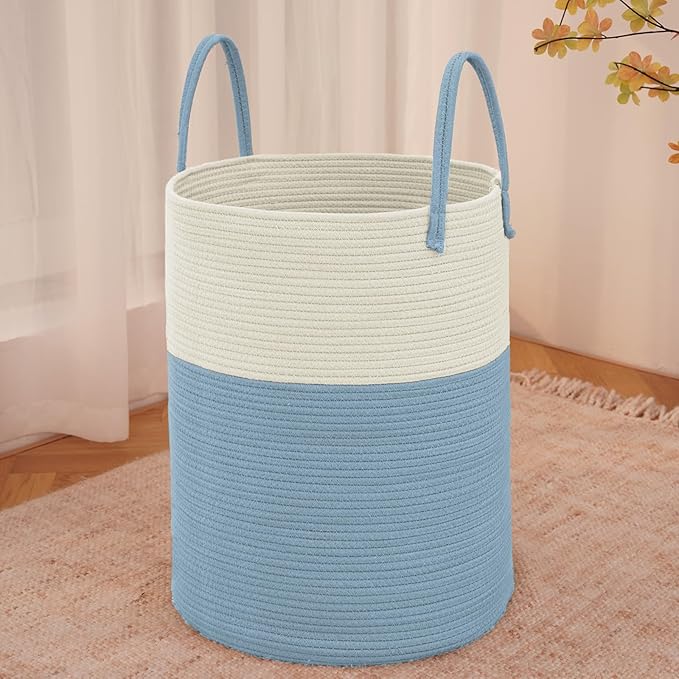 JMvicyroam 100L Cotton Rope Laundry Basket Hamper, White and Blue | Collapsible laundry basket, reinforced handles, freestanding, machine washable, holds 3-5 thick blankets, clothes or toys