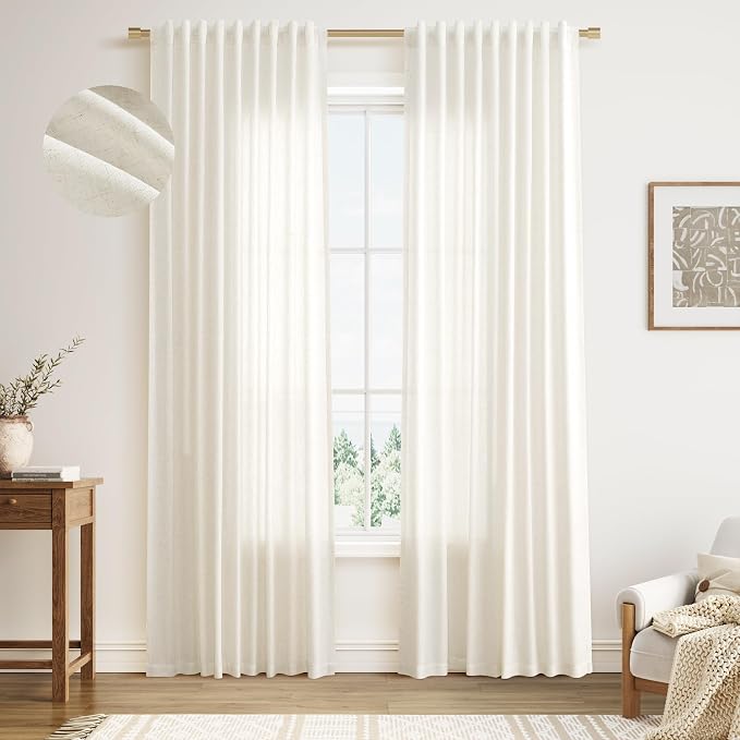 Linen Curtains 86 Inches Long for Living Room Semi Sheer Light Filtering Curtain Back Tab Neutral Boho Modern Farmhouse Window Drapes for Bedroom 52x86 2 Panels Cream Ivory Beige Natural
