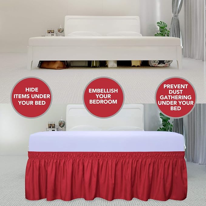 PureFit Wrap Around Ruffled Bed Skirt, Red, Twin/Full - 22" Drop | Wrinkle Free Bedskirt Dust Ruffles, Easy to Put On Frame Cover with Adjustable Elastic Belt