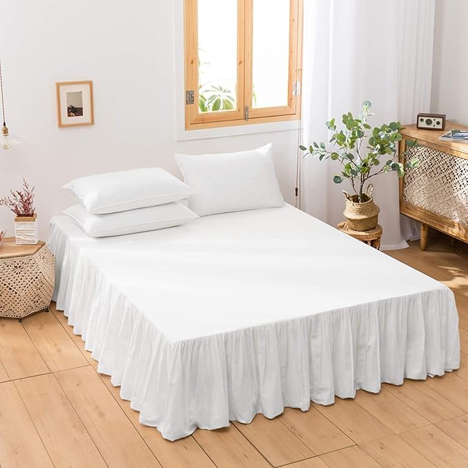 BISELINA French Linen Bed Skirt with Pleated Frills 14-Inch Tailored Drop Natural Flax Cotton Blend Dust Ruffle Soft Cozy Farmhouse Bedding (14" Twin, White)