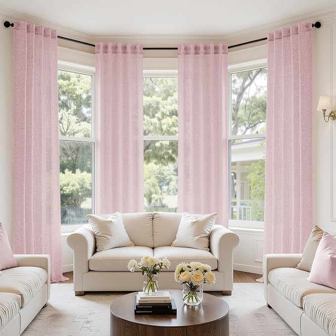 MIULEE Pink Back Tab Linen Curtains 4 Panels 42W x 108L | Linen material, light filtering, rod pocket back tab hanging, farmhouse decor for living room bedroom