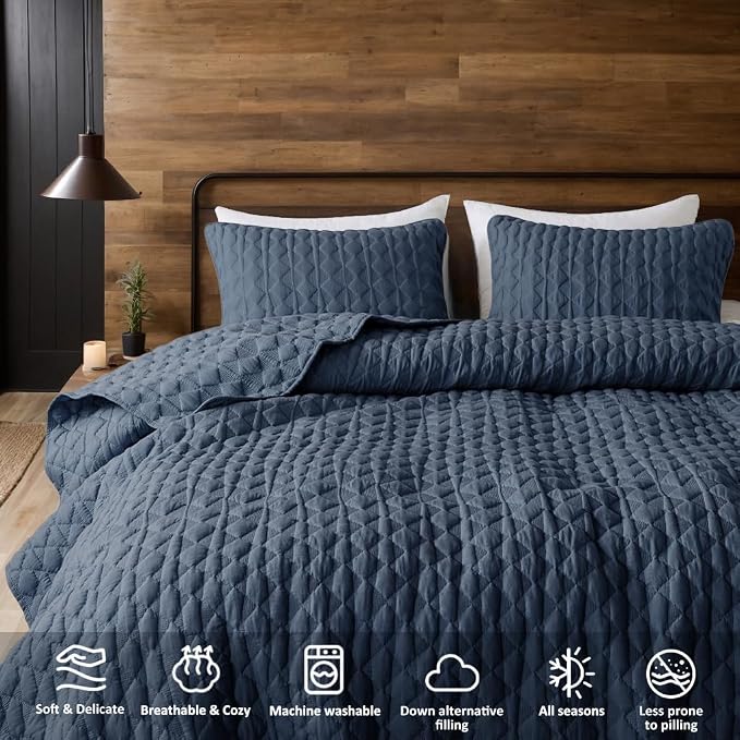 WDCOZY Navy Blue Quilt Twin Size Bedding Sets with 1 Pillow Sham, Lightweight Soft Bedspread Coverlet, Quilted Blanket Thin Comforter Bed Cover, All Season Spring Summer, 2 Pieces, 68x90 inches