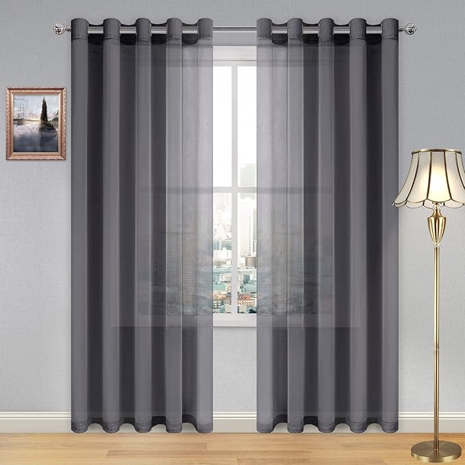 DWCN Dark Gray Sheer Curtains Linen Look Semi Transparent Voile Grommet Curtains for Living Dining Room Drapes 60 x 84 Inch Long, Set of 2 Panels