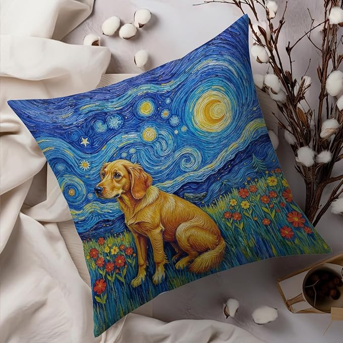 Fokongna Decorative Pillow Covers Vincent Van Gogh's The Starry Night, with a Golden Retriever in a Grassy Field Full of Blooming Flowers for Couch Home Bedroom Living Room 18 x 18 Inch Pillow Covers