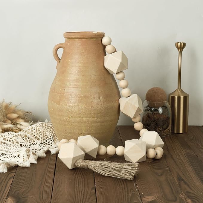 Extra Large Wood Bead Garland with 2" Diameter Wooden Beads, 42" Long Rustic Farmhouse Wooden Beads Garland with Tassels, Decorative Beads Boho Decorations for Home Table Mantle Natural Beige