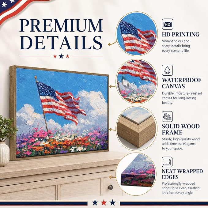 American Flag Framed Canvas Wall Art, 4th of July Patriotic Canvas Prints | Wildflower Landscape Poster Print, Vintage Rustic Independence Day Wall Decor for Bedroom Living Room Office 6×8in