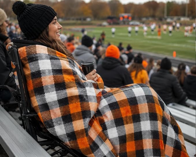Serafina Home Fall Plaid Blanket Throw: Orange Black White Farmhouse Tartan Print on Velvet Fleece, 50" x 70" for Sofa Couch Bed Outdoor Events