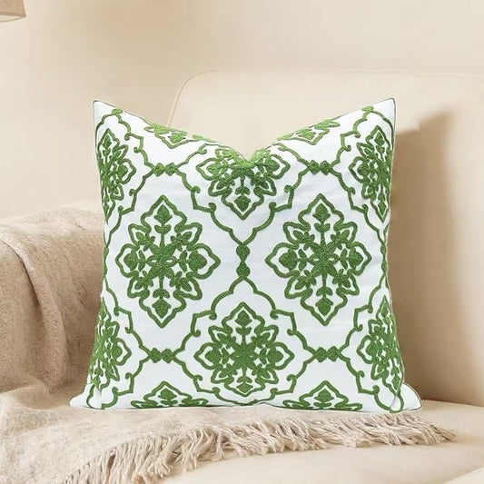 Slow Cow Embroidery Decorative Throw Pillow Cover for Couch Modern Bohemian Flower Accent Pillowcase Cushion Cover 18 X 18 Inches Green