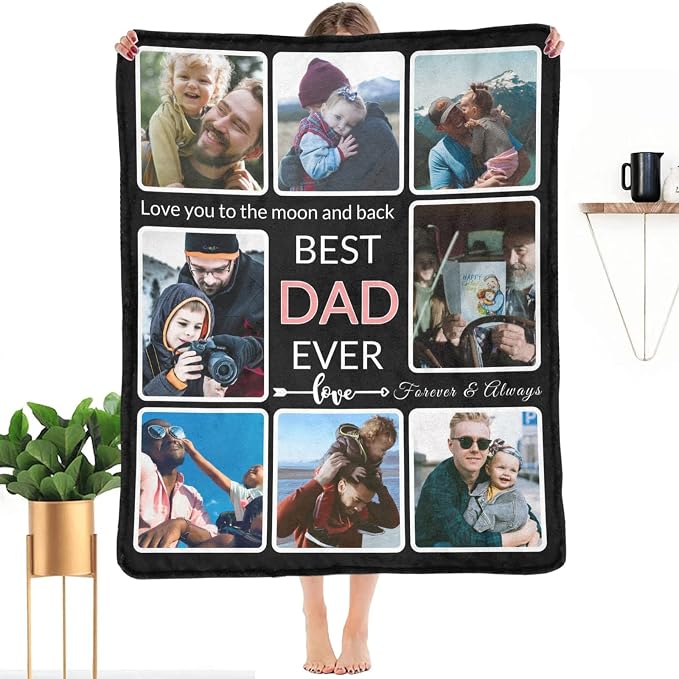 Gifts for Dad Custom Blanket with Photo, Make a Personalized Father's Day Blankets with Picture Customized Fathers Day Throw Blanket for Best Dad Ever, 8 Collage Made in USA