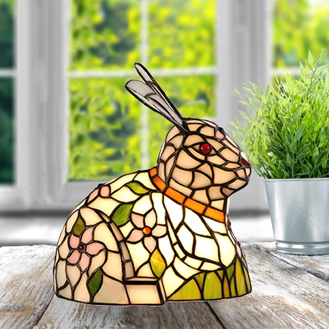 A0012 Tiffany Style Lovely Ratbbit Table Lamp Handmade Stained Glass Animal Night Light, Bunny Accent Table Lamp for Livingroom Bedroom Home Decoration