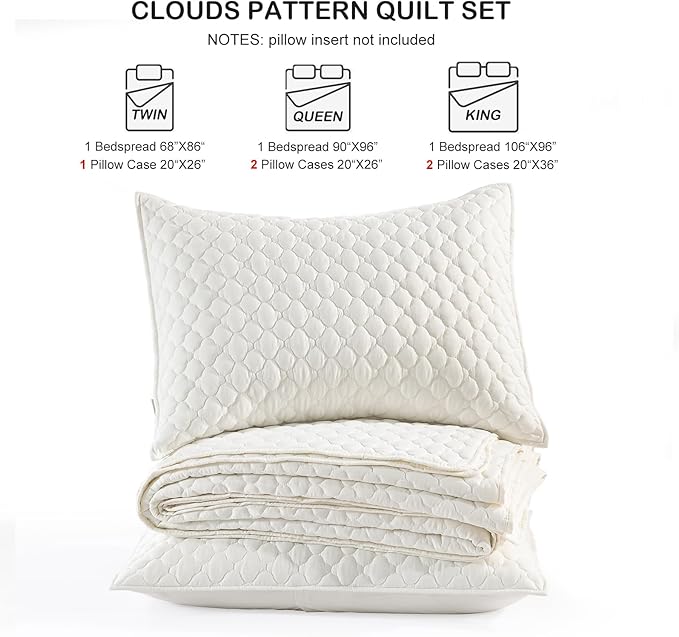 HORIMOTE HOME Cream Quilt Queen Size, Lightweight Quilts for Summer Ultra-Soft Microfiber Modern Style Quilted Clouds Pattern Bedspread Quit Set 3 Pieces(1 Quilt and 2 Pillow Shams)