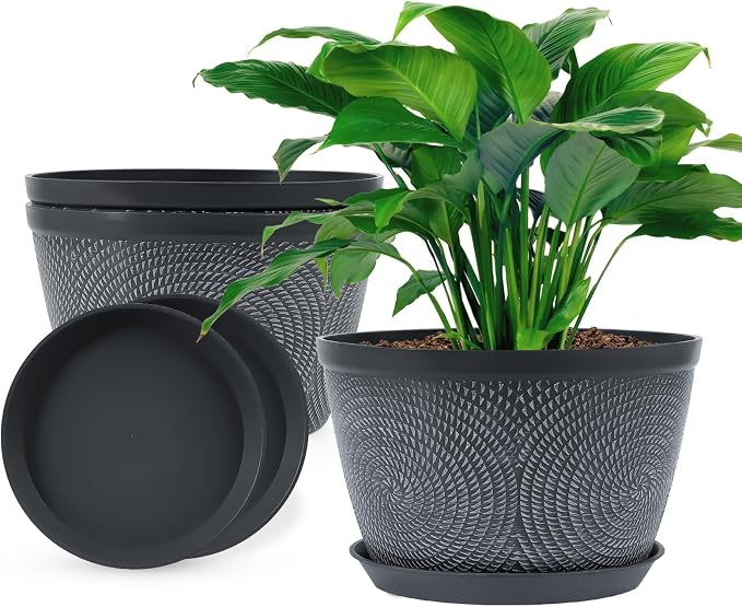 Quarut Flower Pots for Outdoor,Plastic Plant Pots with Drainage Hole & Tray | Durable and Odorless，Modern Decorative Garden Pot with Saucer, 10 Inch 3 Pack planters for Ourdoor Indoor House (Gray)
