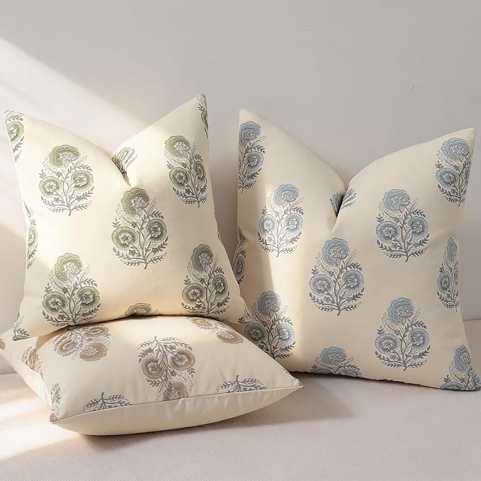 YCOLL Vintage Floral Print Pillow Covers 18x18 Set of 2 Patterned Accent Decorative Cushion Covers Modern Farmhouse Throw Pillow Covers for Sofa Couch Chair Bed Living Room Home Decor, Light Blue