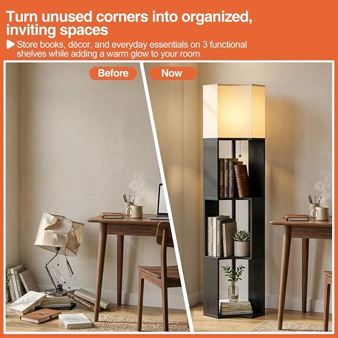 Floor Lamp with Shelves, Modern 3-Tier Wood Corner Storage Bookshelf Lamp for Living Room, 3 Color Temperatures LED Bulb Included, Tall Wooden Display Light, Black