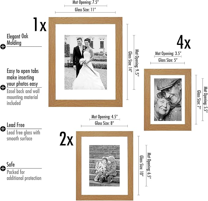 Americanflat Set of 7 Picture Frames with Shatter-Resistant Glass - Gallery Wall Frame Set with One 11x14, Two 8x10 and Four 5x7 Frames - Signature Collection - Dark Oak | Includes one 11x14, two 8x10 and four 5x7, shatter-resistant glass, hanging hard...