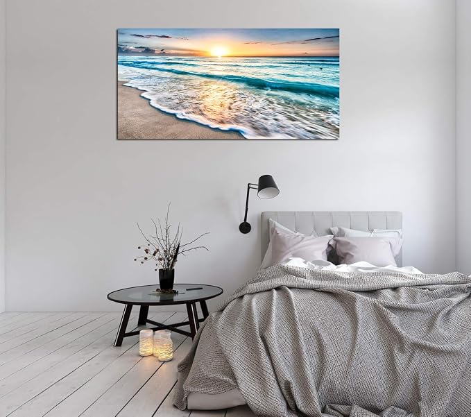 Baisuart S02250 Canvas Prints Wall Art Beach Sunset Ocean Waves Nature Pictures Stretched Canvas Wooden Framed for living Room Bedroom and Office
