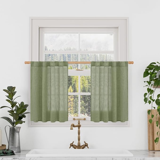 Sage Green Linen Curtains 24 Inch Length for Windows, 25 x 24 Inch | Semi Sheer Curtains, Light Filtering Panels, Cafe Drapes for Kitchen Window Over Sink, Rod Pocket Back Tab, 2 Panels