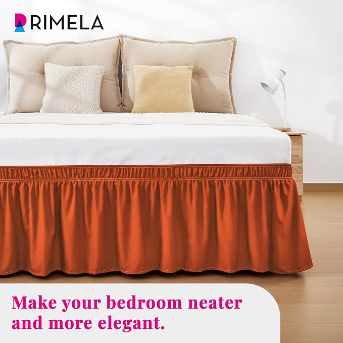 Orange Yellow Bed Skirt Queen 15" Drop, Elastic Wrap Around Bedskirt | Solid Ruffled, Easy to Use, No Mattress Lifting, Wrinkle & Fade Resistant, with Adhesive Strips, Machine Wash/Dry/Iron