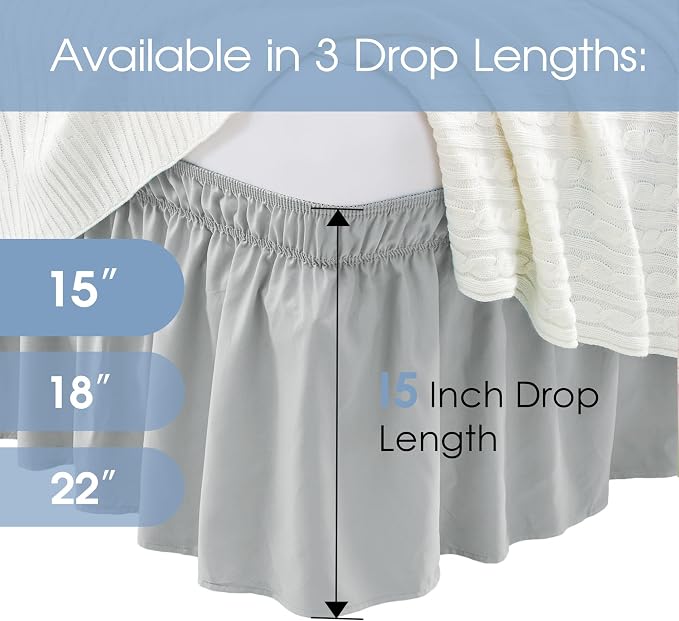 FreshCulture King Bed Skirt, Dust Ruffle for King Size Bed, Easy Fit with 15-Inch Tailored Drop, Elastic Wrap Around Bed Skirt King Size, Hotel Quality Bed Skirts for Adjustable Bed (Light Grey)