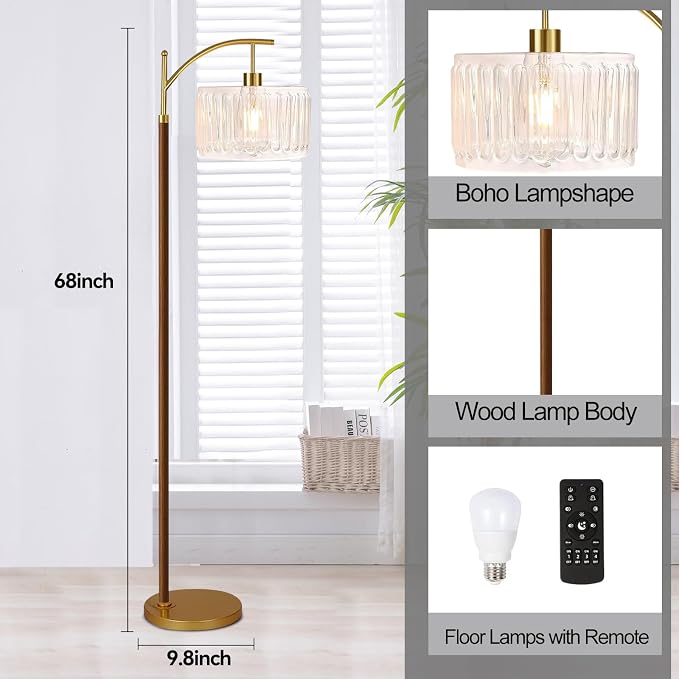 ILLMTW Arc Floor Lamp for Living Room,Bedroom,Glass Mid Century Modern Standing Lamp with Remote Dimmable,Wood Vintage Gold Tall Lamp White Lamp Shade Floor Lights Boho Bohemian Tiffany Style