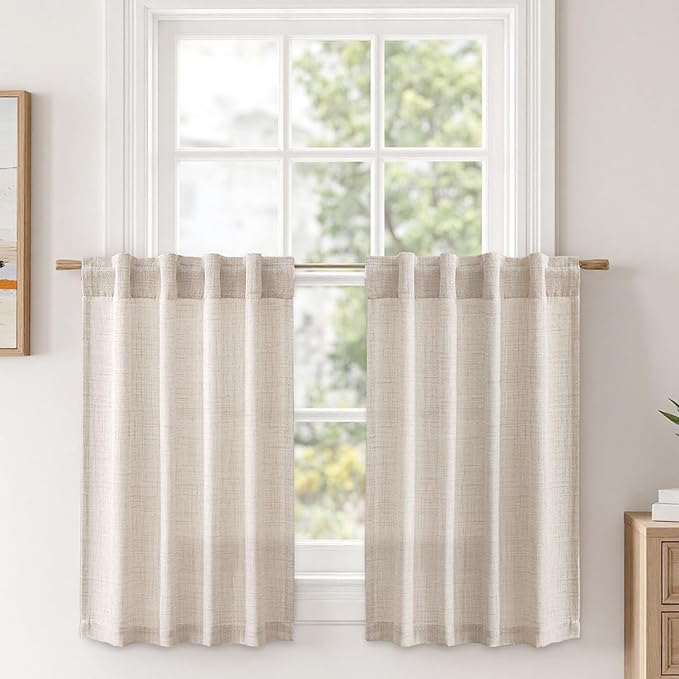 MIULEE Cafe Curtains Back Tab 24 Inch Length Light Filtering Small Drapes, Farmhouse Short Semi Sheer Linen Curtain for Kitchen Bathroom Half Window, Rod Pocket 2 Panels W30XL24 Beige