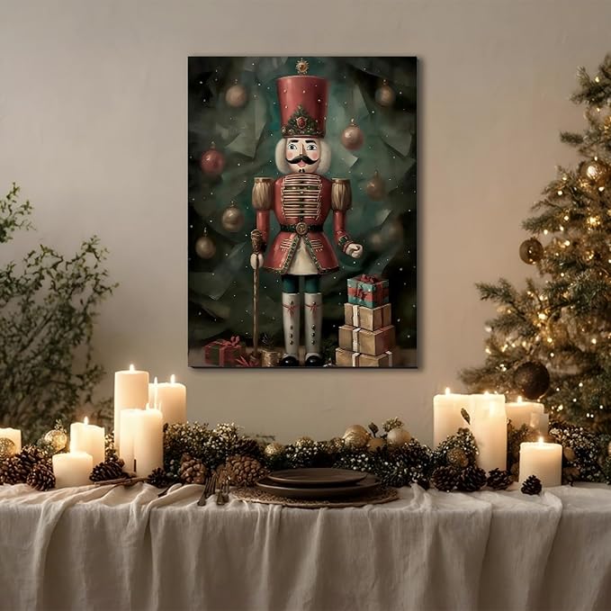 Vintage Christmas Wall Art Canvas – Rustic Christmas Decor for Living Room & Bedroom – Framed Christmas Prints & Pictures for Home Decor