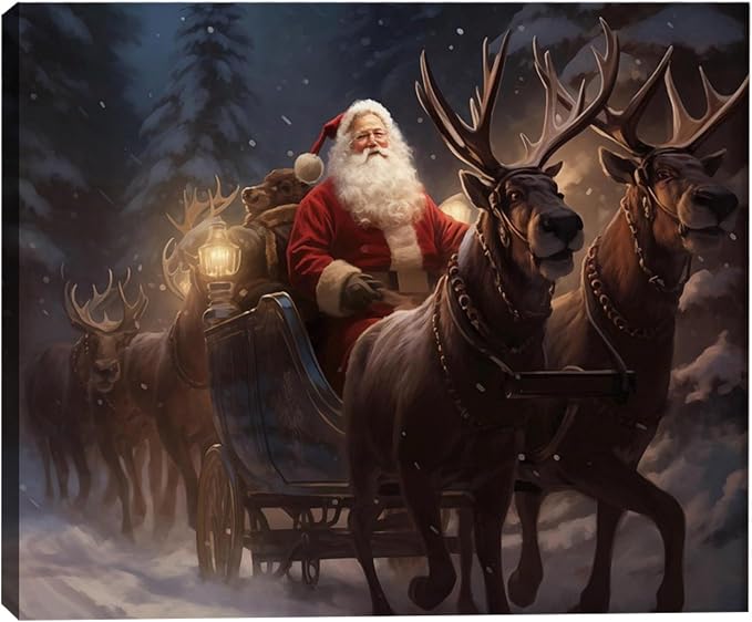 Santa Claus Framed Christmas Wall Art 24x36in, Festive Holiday Wall Decor for Office, Winter Reindeer Canvas Art Print, Farmhouse Christmas Pictures for Living Room Indoor Decorations
