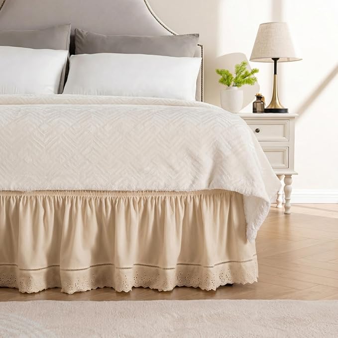 MIYE Wrap Around Ruffled Lace Bed Skirt, Elastic Dust Ruffle with Adjustable Belts, Easy to Put On, Bed Frame Cover, Machine Washable (Embroidered/Beige, Full/Twin-12.5" Drop)