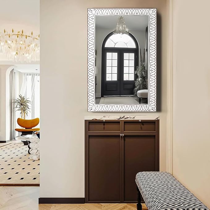 36x24 Inch Farmhouse Rectangle Wall Mirrors with Wooden Frame | Rustic Decorative Rectangular Mirror for Living Room, Bedroom, Bathroom, Entryway - Vertical/Horizontal Hanging