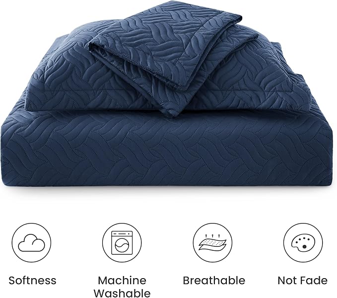 Love's cabin Twin Quilt Set Navy Blue Bedspreads - Soft Bed Summer Lightweight Bedspread Comforter - Modern Style Wave Pattern Coverlet for All Season - 2 Pieces (1 Quilt, 1 Pillow Sham)