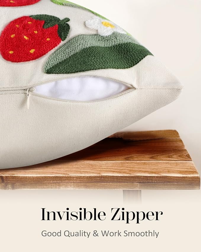 Embroidered Throw Pillow Cover - 18x18 Decorative Pillow Cover with Zipper Aesthetic Cute Design Boho Spring Summer Throw Pillowcase for Living Room Couch Sofa Bed, Leaf Strawberry