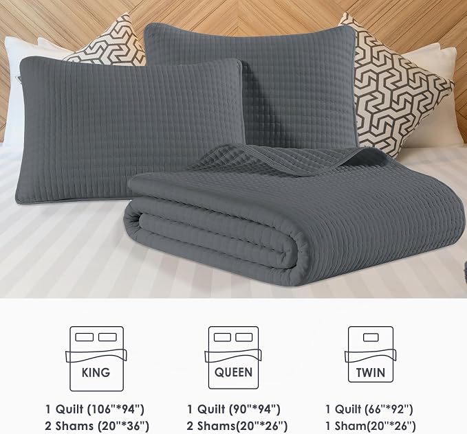 Queen Quilt-Lightweight Bedspreads Grey Queen Size Quilt Bedding Set | Soft Coverlet with 2 Pillow Shams for All Seasons, Suitable for Bed, Couch, 3 Pieces, 90"x94"