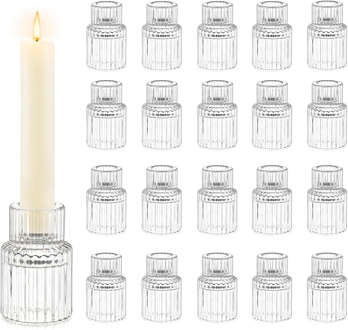 Hewory Taper Candle Holders Bulk, 20PCS Clear Glass Candlestick Holders | For 0.86" Taper Candles, Ribbed Candle Sticks Holder Decor, Wedding Table Centerpiece Bridal Showers Christmas Home Decor